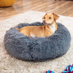 Round Pet Bed For Dog Self Warming Shag Fur Calming Gray