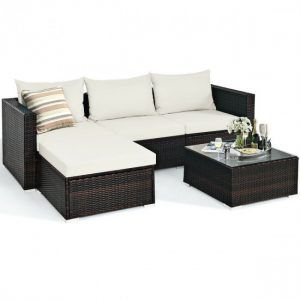 Garden Patio Furniture Set Wicker 5 Piece Chair Sofa Coffee Table Ottoman With Cushions