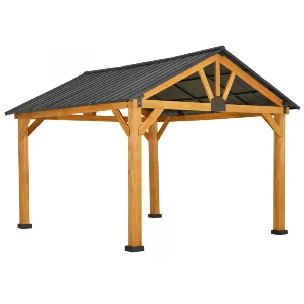 Wooden BBQ Shelter Patio 11 x 13 Hardtop Gazebo Metal Roof with Ceiling Hook