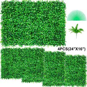 24'' x 16'' Boxwood Hedge Panels 4 Piece Artificial Grass Backdrop Wall Green