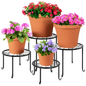 Raised Flower Pot Stand Set of 4 Round Plant Holders Metal Black