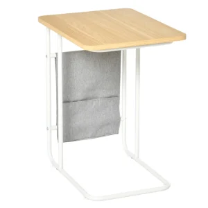 Serving Side Table Modern C Shaped with Storage Bag Oak