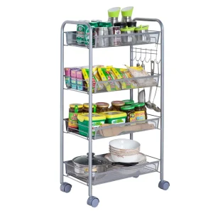 Kitchen Storage Cart Heavy Duty Trolley On Wheels 4 Tier Mesh Silver