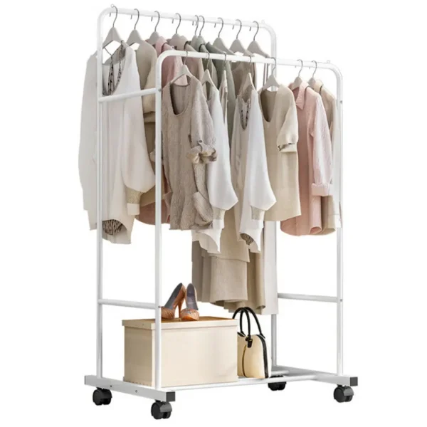 White Clothing Rail With Shelves Cloth Hanger Rack On Wheels Tall